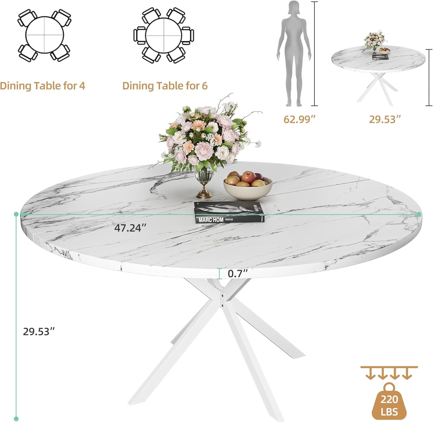 47.24" round Dining Table for 4-6 Person, round Kitchen Table with Wood Top, Circle Dinner Pedestal Tables with Metal Legs for Dining Room Kitchen (White Marble)