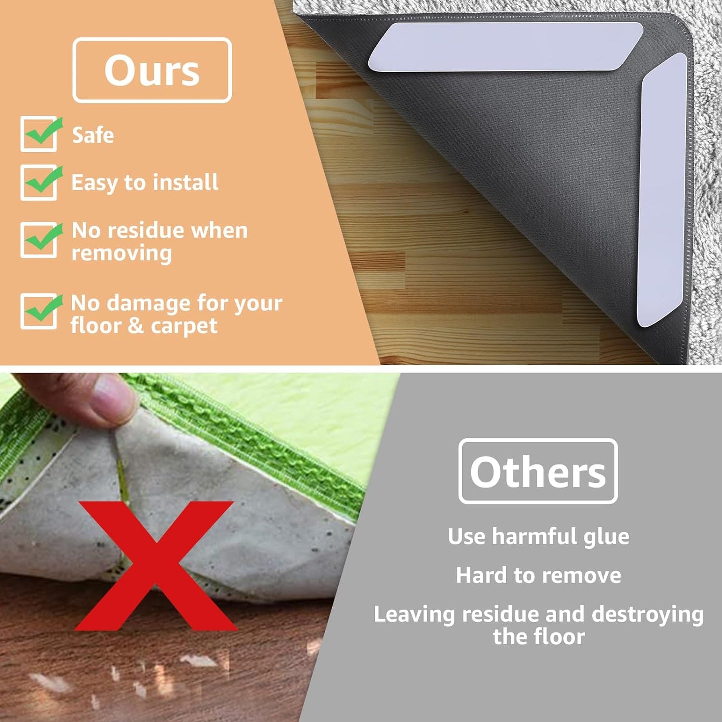 12 PCS Rug Tape, Reusable Washable Grippers for Rugs, Double Sided Non-Slip Rug Pads for Hardwood Floors, Rug Stoppers to Prevent Sliding, White