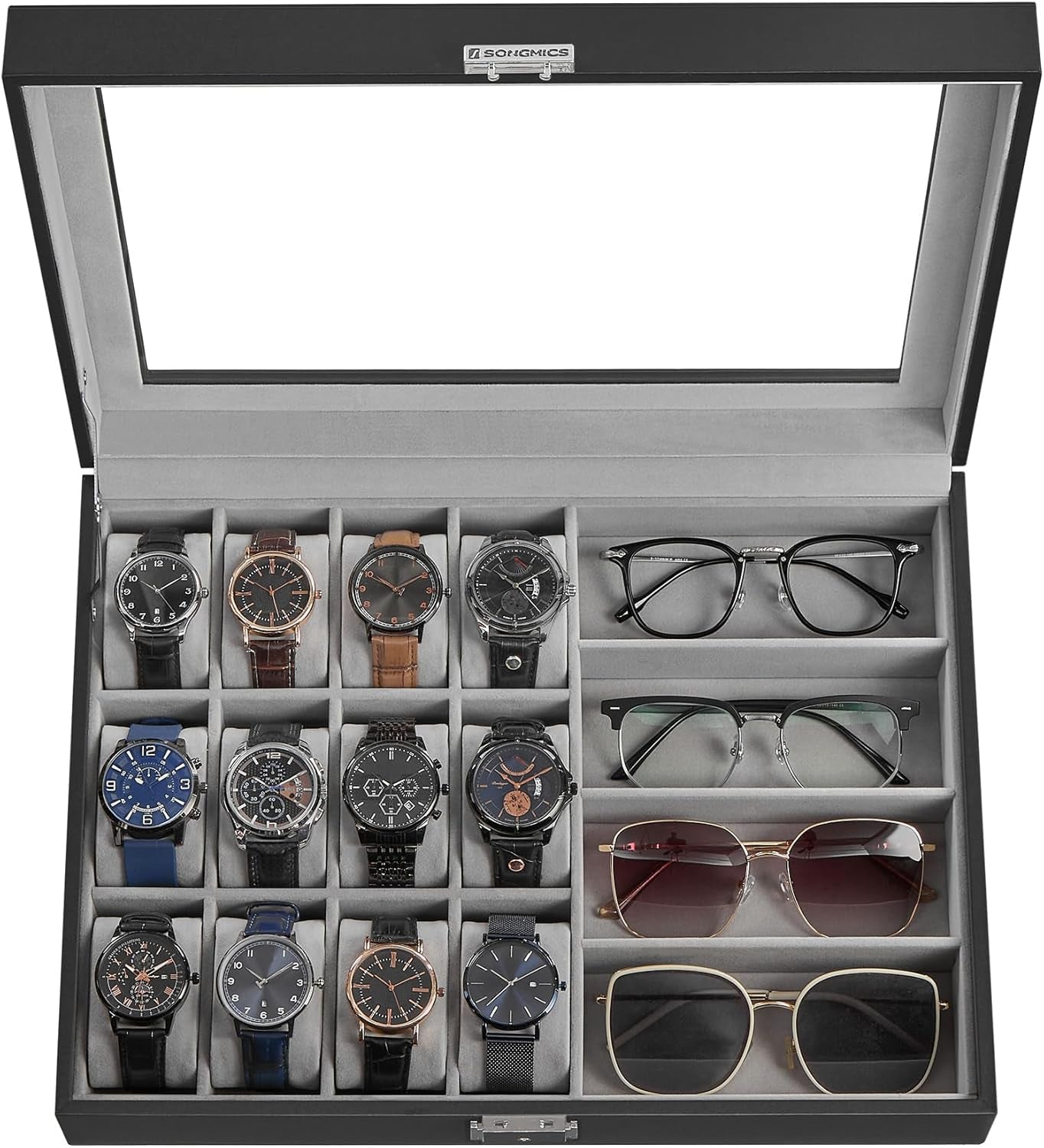 24-Slot Watch Box, Lockable Storage Case with Glass Lid, Ink Black Synthetic Leather, Dove Gray Lining, Gift Idea UJWB024