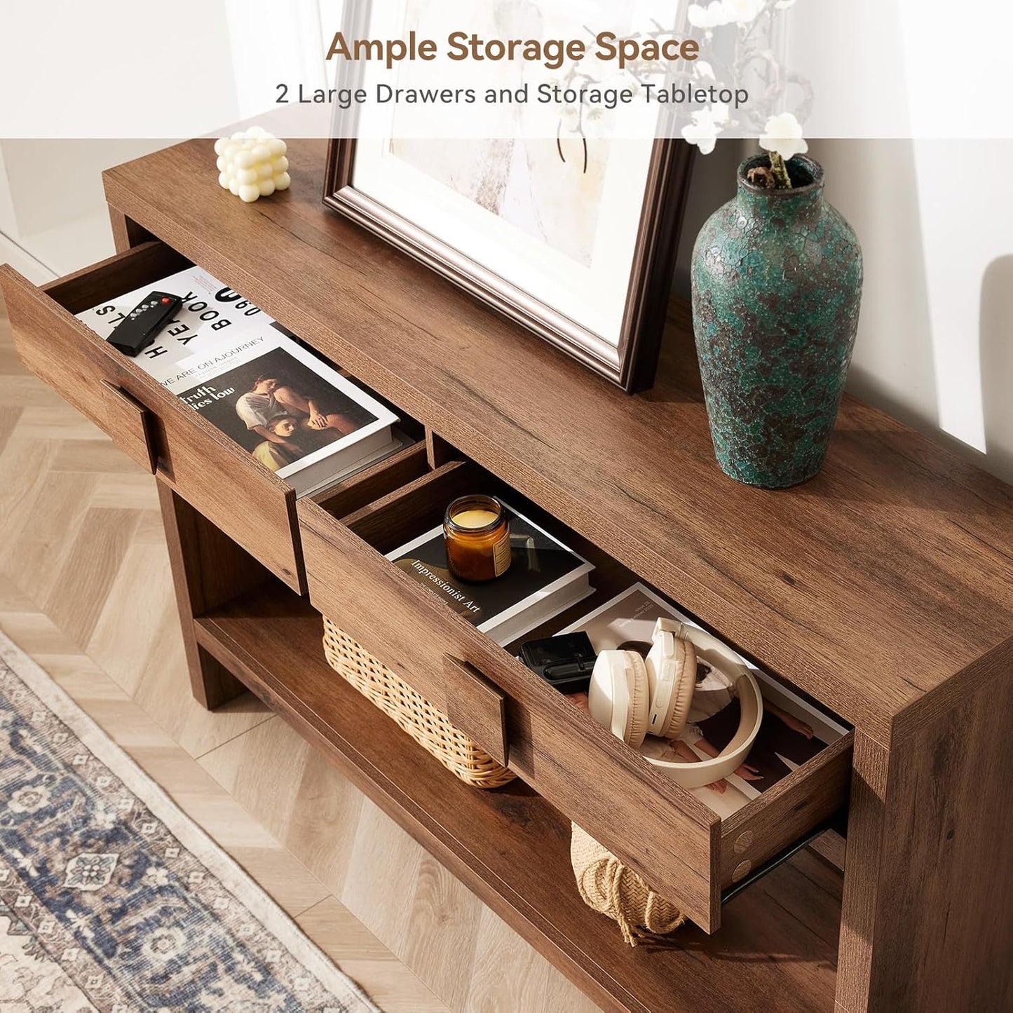 Console Table with Drawers, 47 Inch Narrow Entryway Table with Open Storage Shelves, Mid Century Modern Hallway Accent Tables behind Couch Table for Living Room (Vintage Brown)