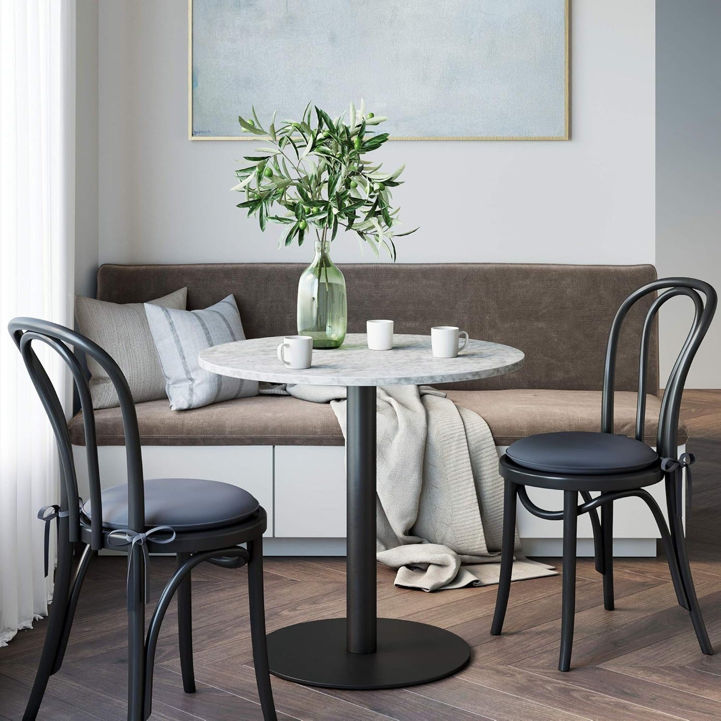 Bistro Lucy Small Mid-Century Modern Kitchen or Dining Table with Faux Carrara Marble Top and Brushed Metal Pedestal Base, Black, 31.5D X 31.5W X 29H In