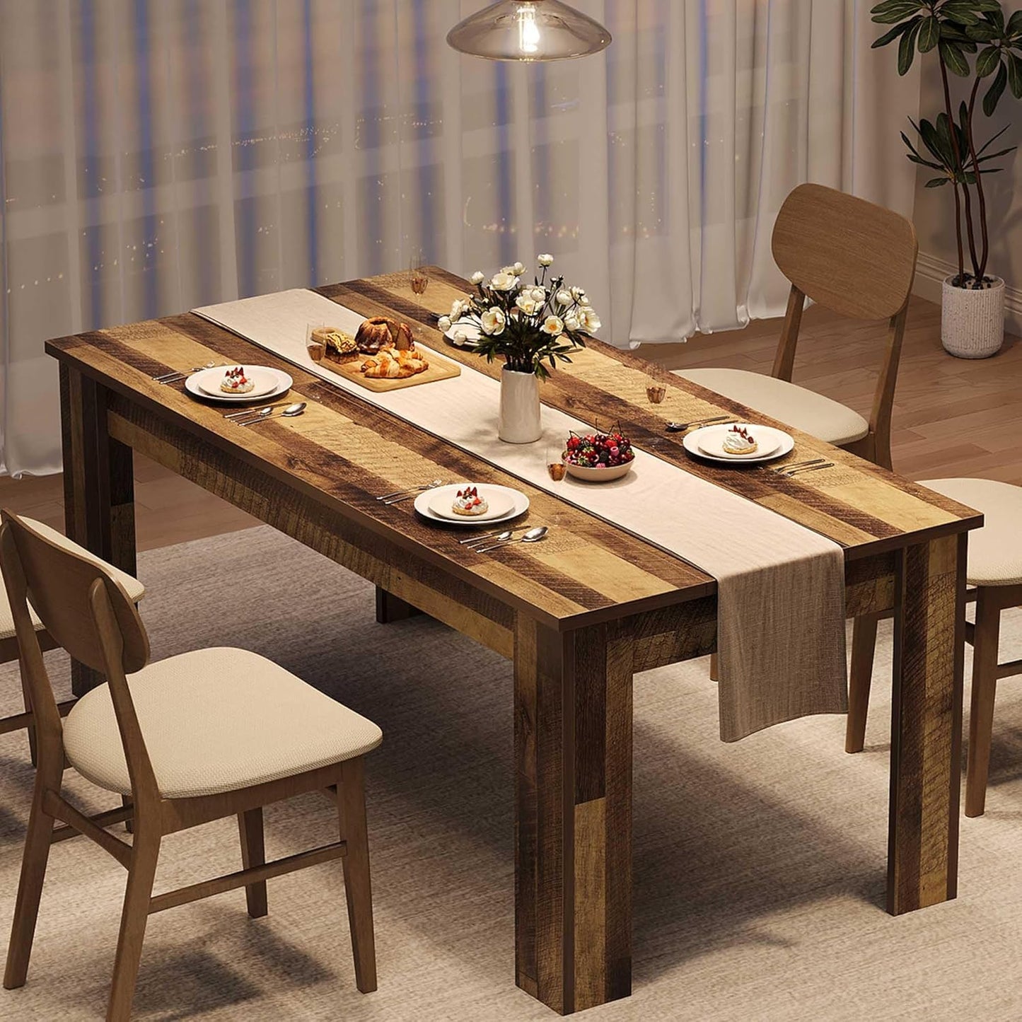 Dining Table for 4-6, 63" Inch Dining Tables for 4, Farmhouse Large Kitchen Dining Table, Rectangular Dining Room Table for Small Space, Wood Dinner Table for Kitchen, Apartment, Rustic Brown