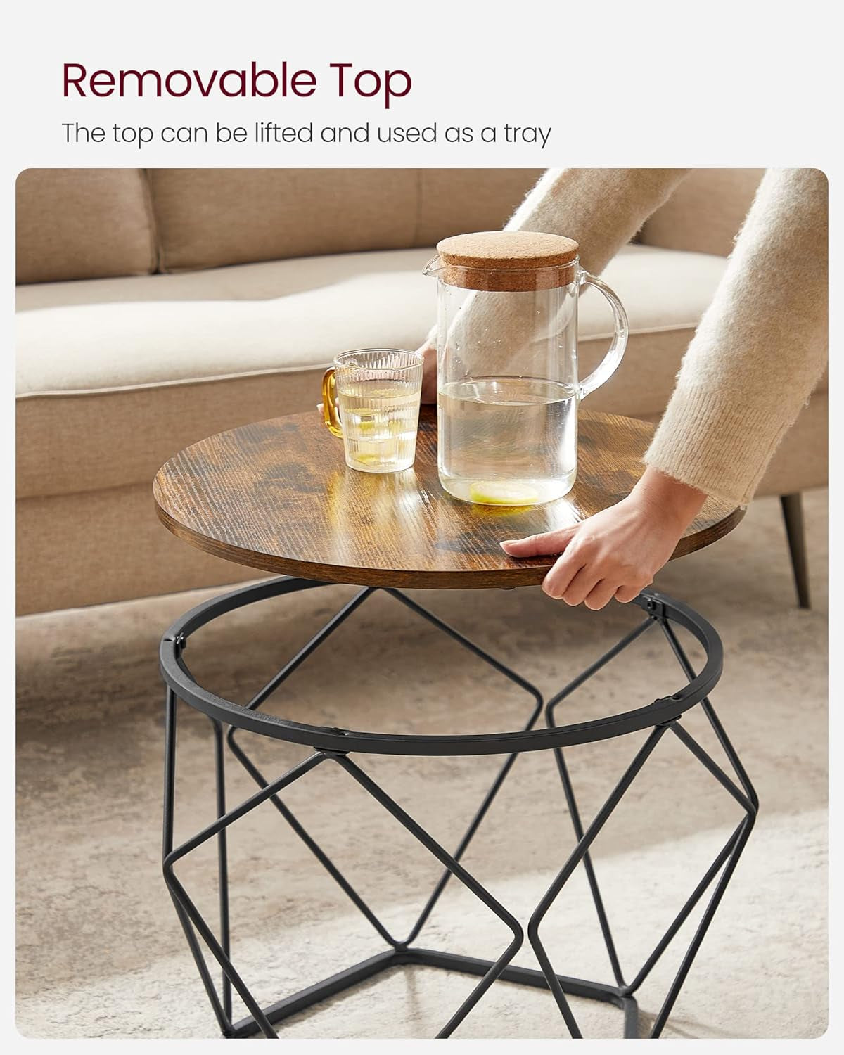 Small Coffee Table Set of 2, round Coffee Table with Steel Frame, Side End Table for Living Room, Bedroom, Office, Charcoal Gray and Ink Black