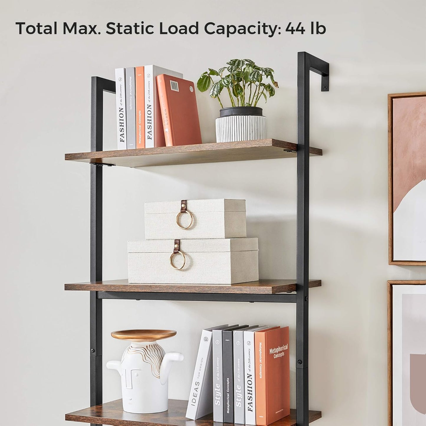 Industrial Ladder Shelf, 5-Tier Bookshelf, Wood Wall Mounted Shelf, Storage Rack Display Shelves for Living Room, Home Office, 23.6 X 11.8 X 67.7 Inches, Rustic Brown and Black ULLS102B01