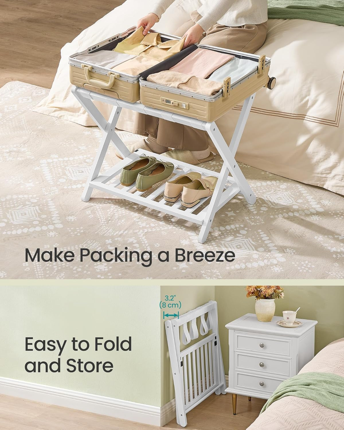 Cloud white solid wood foldable luggage rack with storage shelf, view 6