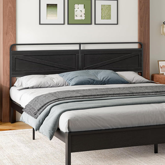 Wooden Panel Headboard, King Headboard, Minimalist Head Board with Metal Frame, Height Adjustable, with Bed Frame Adapter, Black