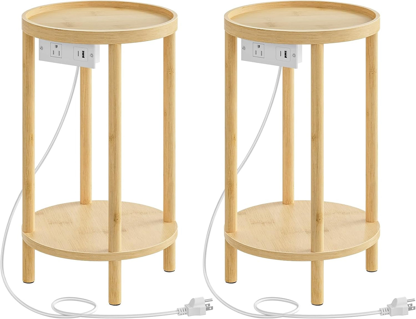Set of 2 Small round Side Tables with Charging Station, 2-Tier round Bamboo End Tables, Easy Assembly, for Living Room, Bedroom, Apartment, Natural YL156UBZP201