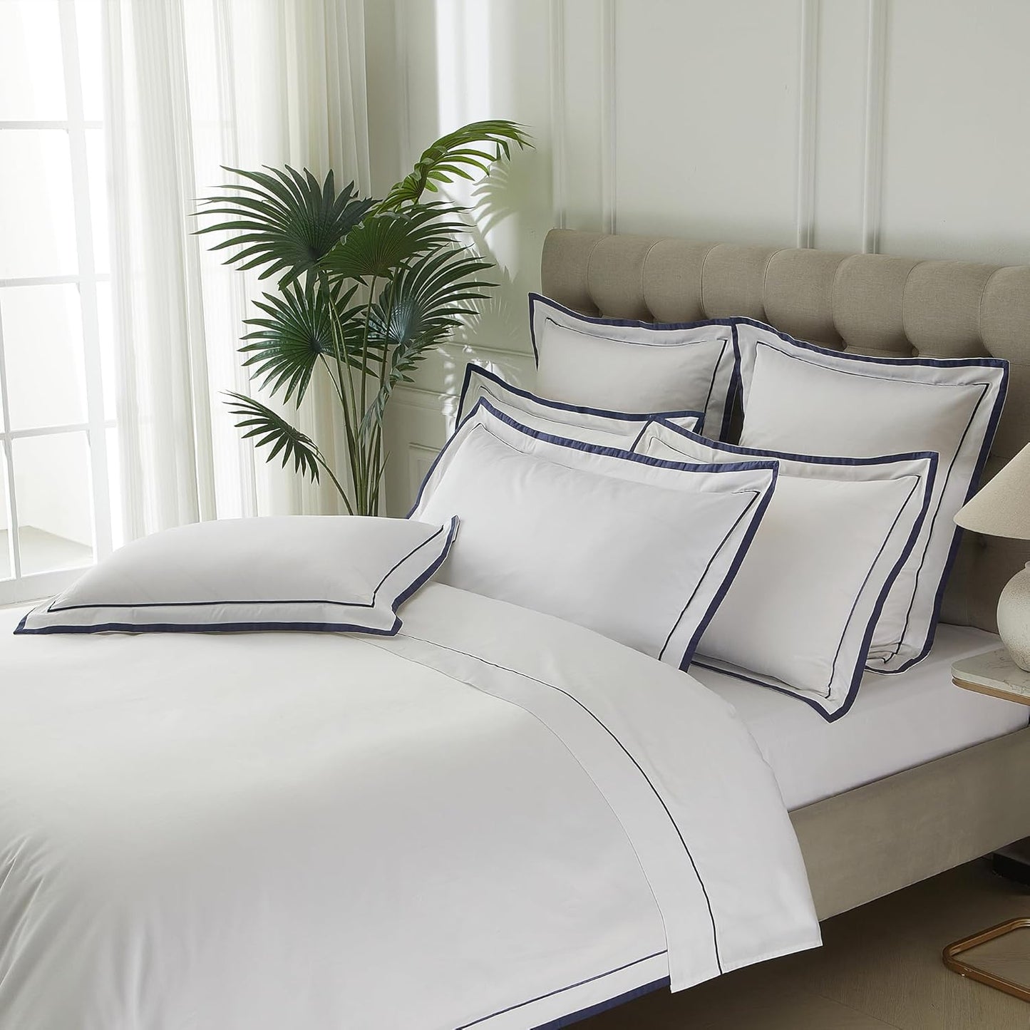 White cotton king pillow shams set of two with navy embroidered border, view 7