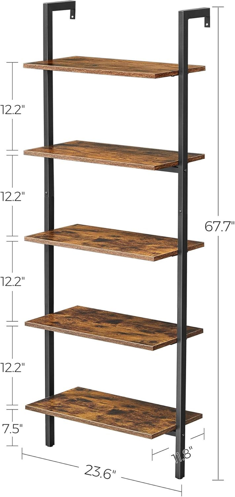 Industrial Ladder Shelf, 5-Tier Bookshelf, Wood Wall Mounted Shelf, Storage Rack Display Shelves for Living Room, Home Office, 23.6 X 11.8 X 67.7 Inches, Rustic Brown and Black ULLS102B01
