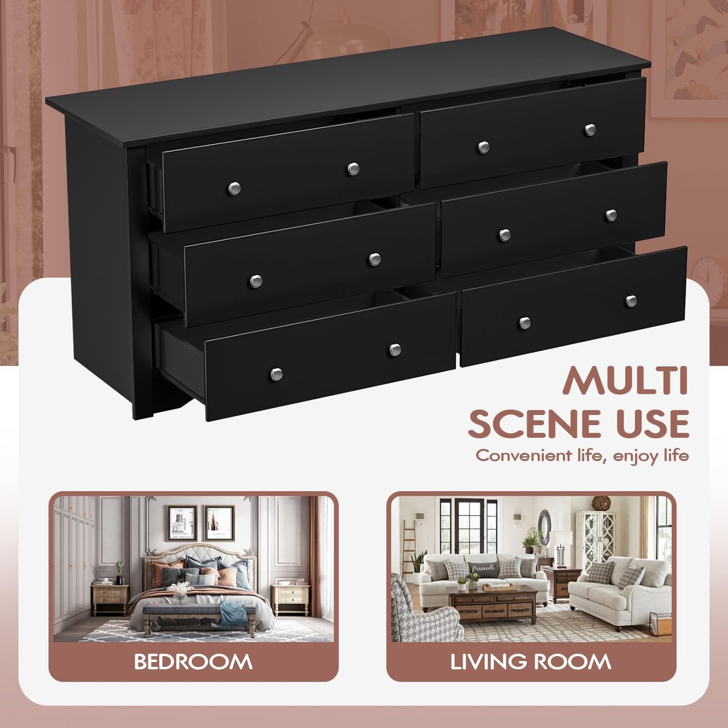 Wood Dresser for Bedroom, Wide Chest of Drawers with 6 Drawers,Storage Tower Unit, Modern Closet Store Organizer for Living Room, Hallway (Black)