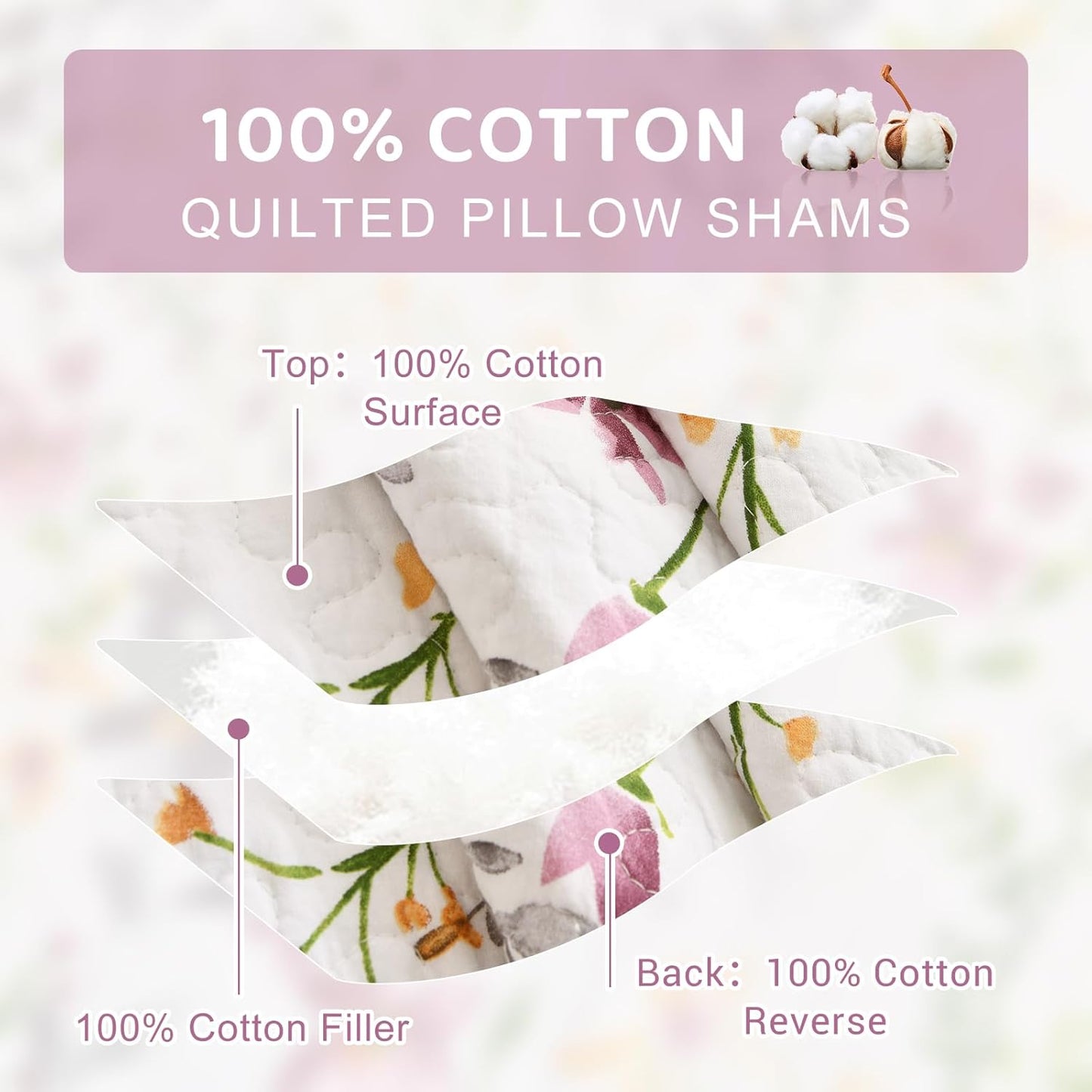 Cotton King Size Pillow Shams Set of 2 (20"X36"), Flowers Printed Pillow Covers Soft Breathable Envelope Closure Quilted Bed Pillows