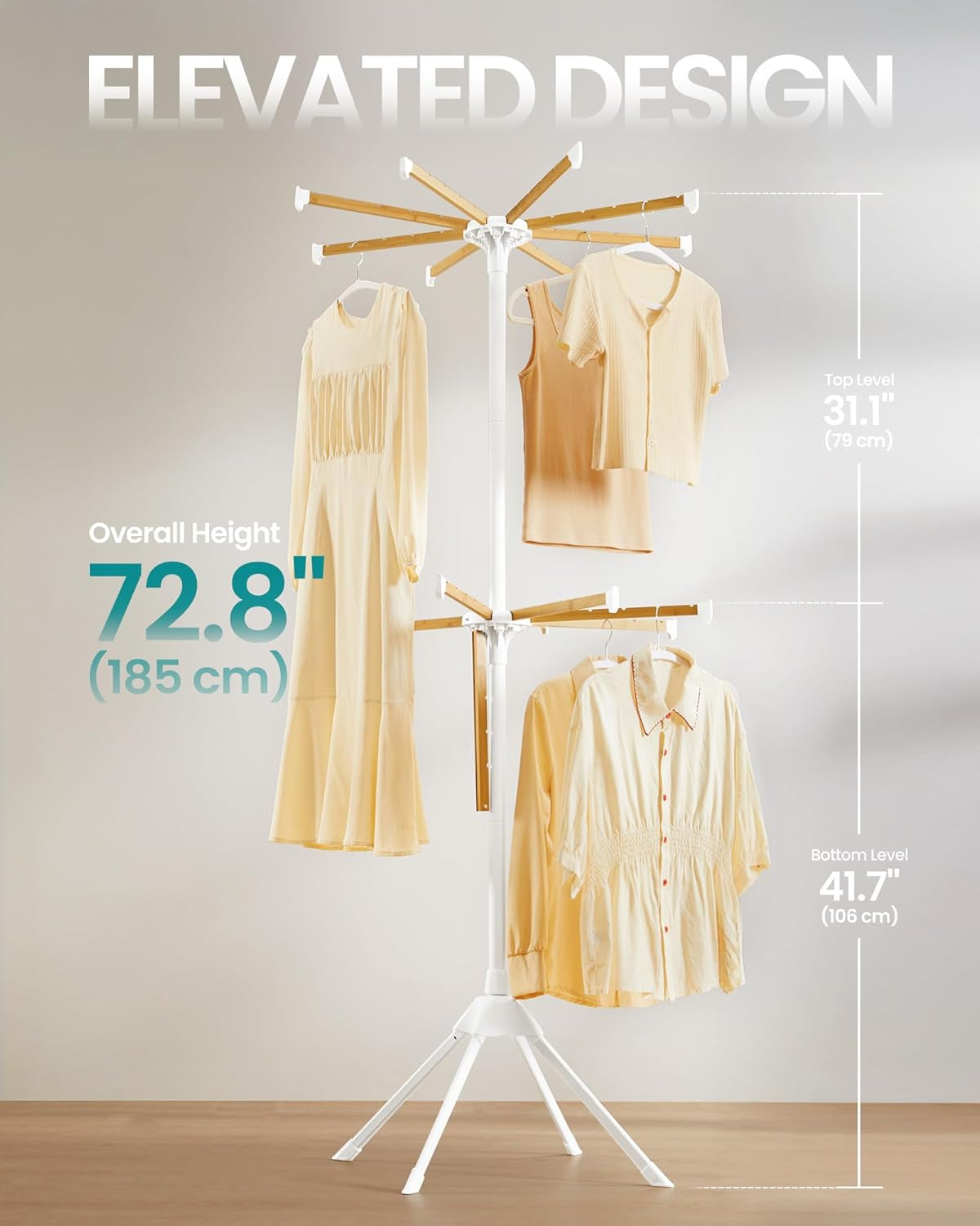 Clothes Drying Rack 2-Tier, with Bamboo Hanging Rods, Foldable Metal Laundry Rack, Space-Saving, Free-Standing Airer, Indoor Use, White and Natural ULLR517W01