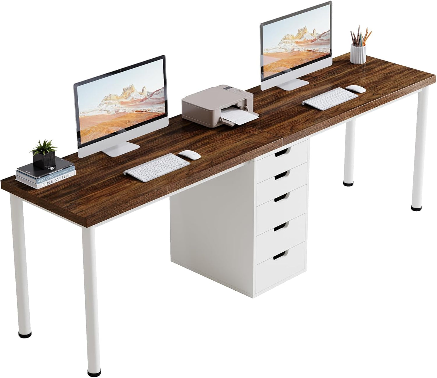 Brown and white extra long two person computer desk with five drawers, view 8