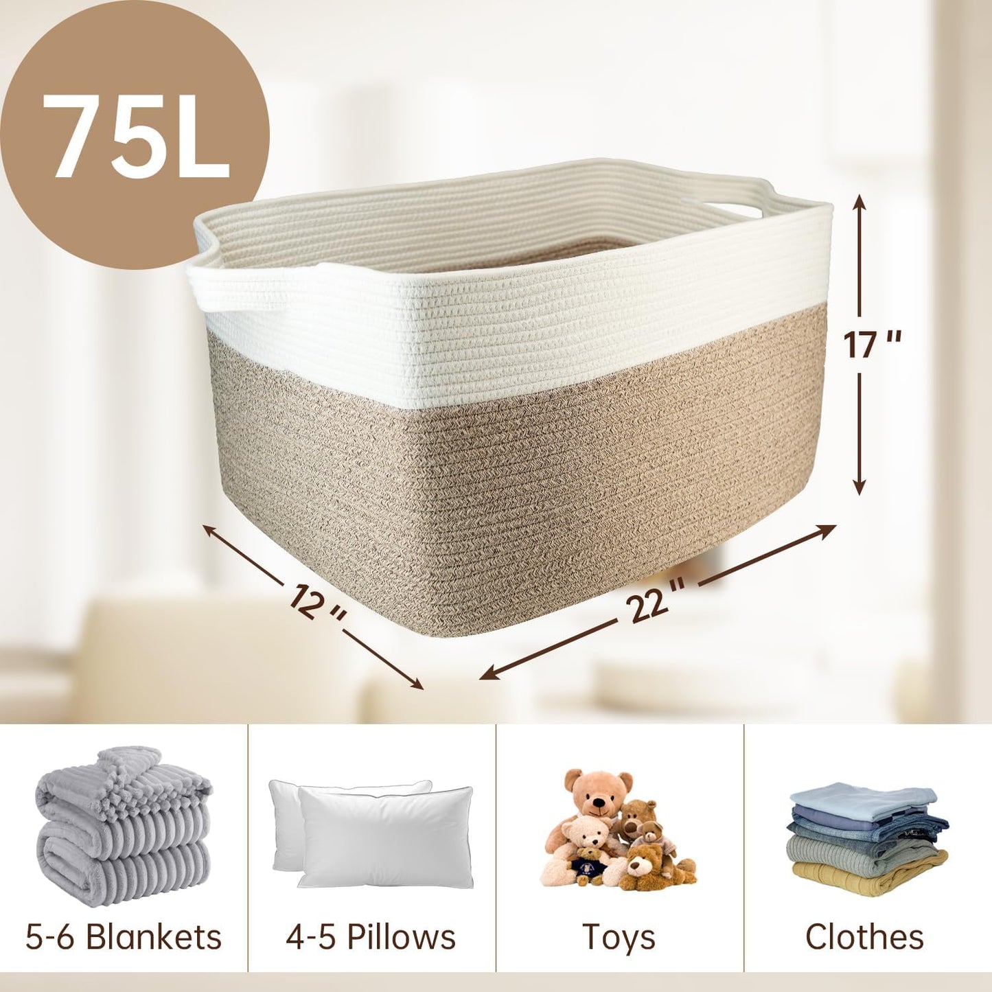 75L Large Cotton Rope Basket 22" X 17" X 12",Large Blanket Basket with Handle,Woven Baskets for Storage,Storage Baskets for Organizing