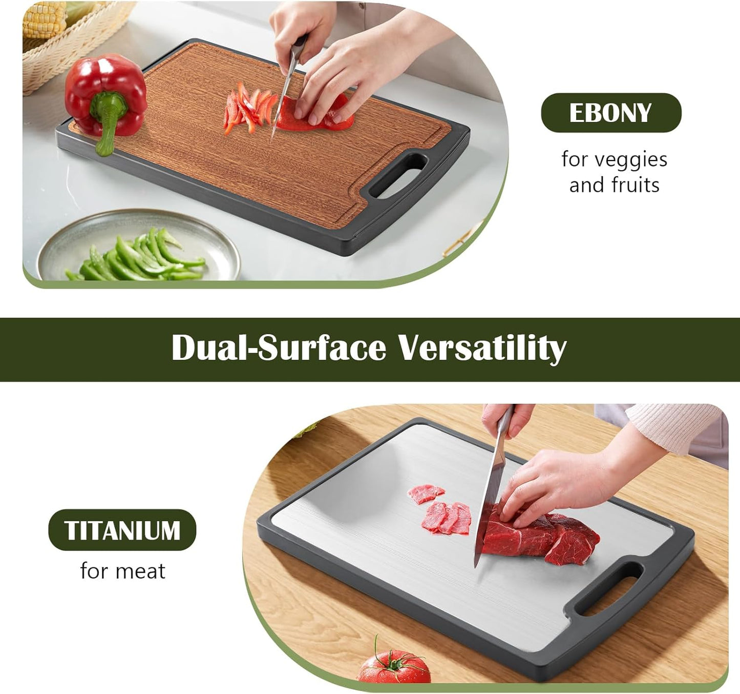 Titanium Cutting Board Double Sided, 15” Wood Cutting Board for Kitchen, GR1 Titanium & Ebony Large Chopping Board for Meat with Juice Groove for Meat & Veggies