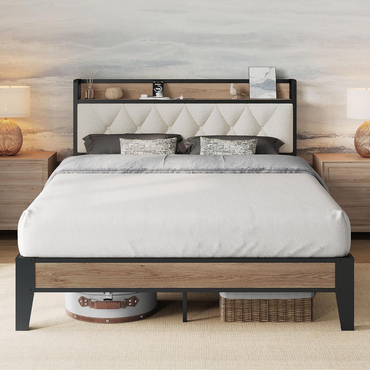 Full Size Bed Frame, Storage Headboard with Charging Station, Platform Bed Frame with Strong Metal Support, Sturdy and Stable, Noise Free, No Box Spring Needed, Easy Assembly