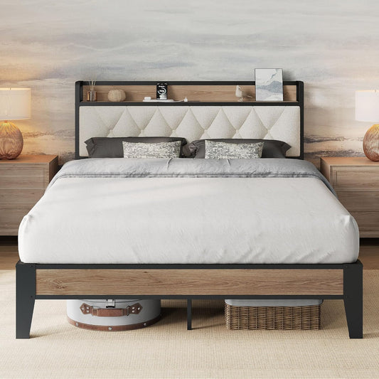 Full Size Bed Frame, Storage Headboard with Charging Station, Platform Bed Frame with Strong Metal Support, Sturdy and Stable, Noise Free, No Box Spring Needed, Easy Assembly