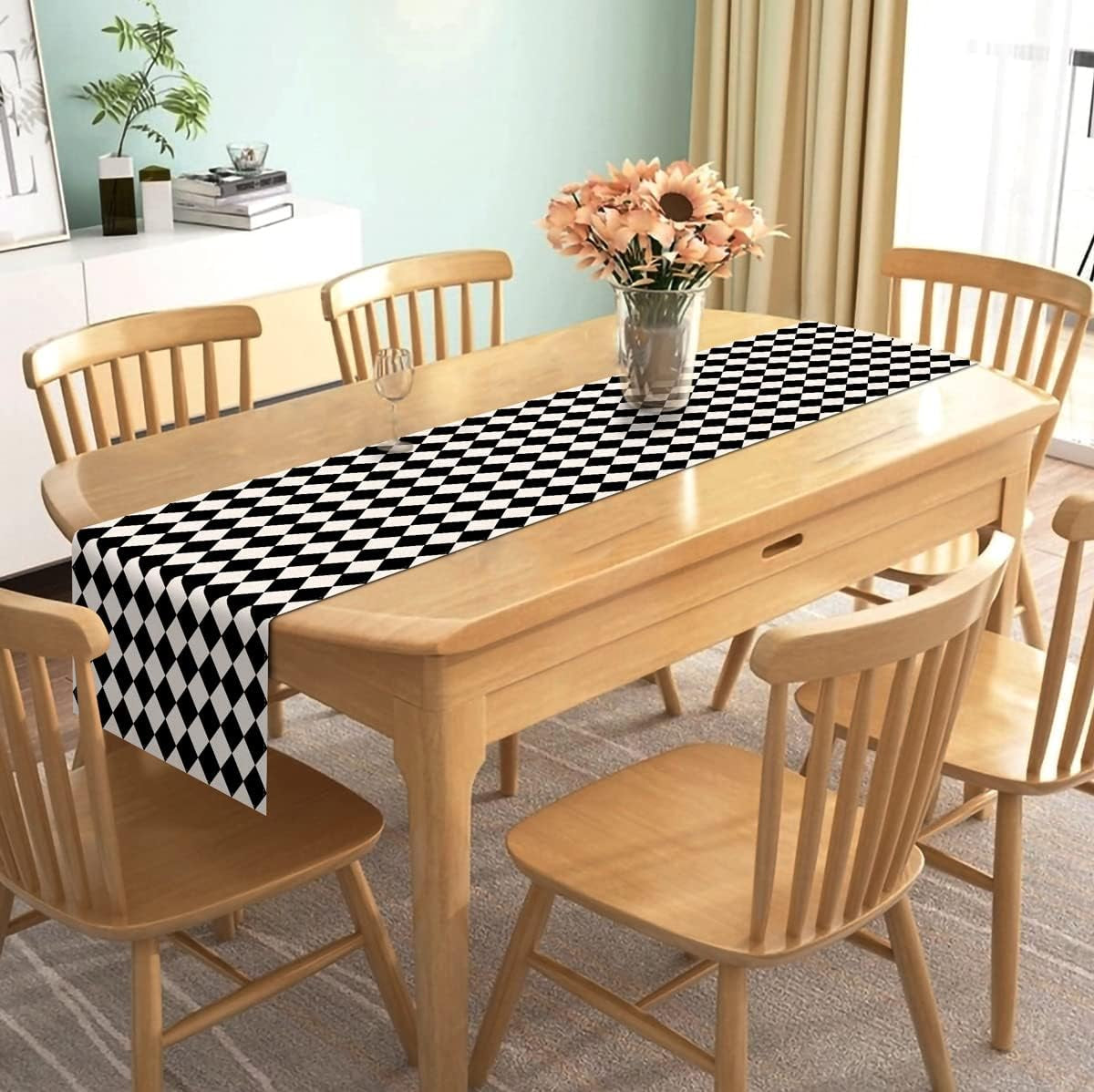 Black White Diamond Table Runner Tea Themed Party Decoration Picnic Holiday Harlequin Checkered Table Cover for Kitchen Dining Room 72Inches Long