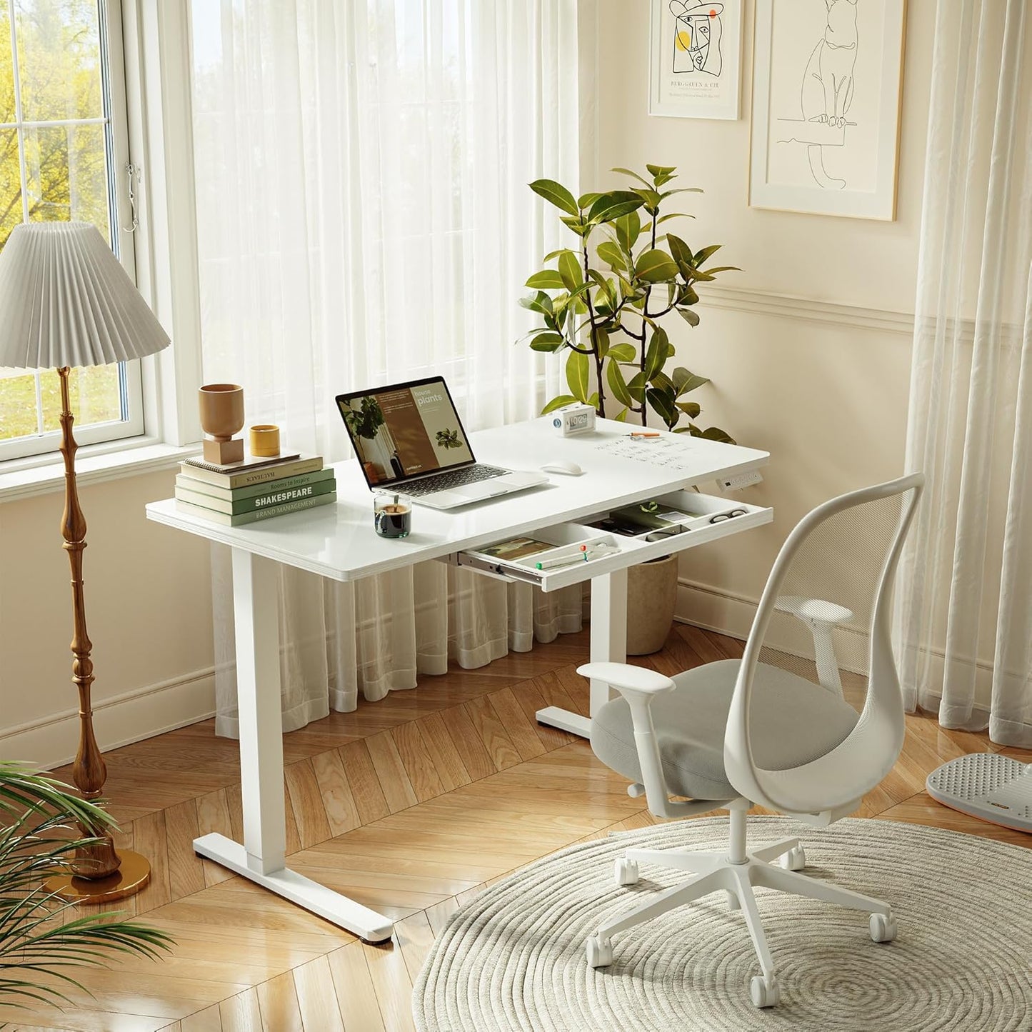 Electric standing desk with one piece glass top and memory presets, view 10