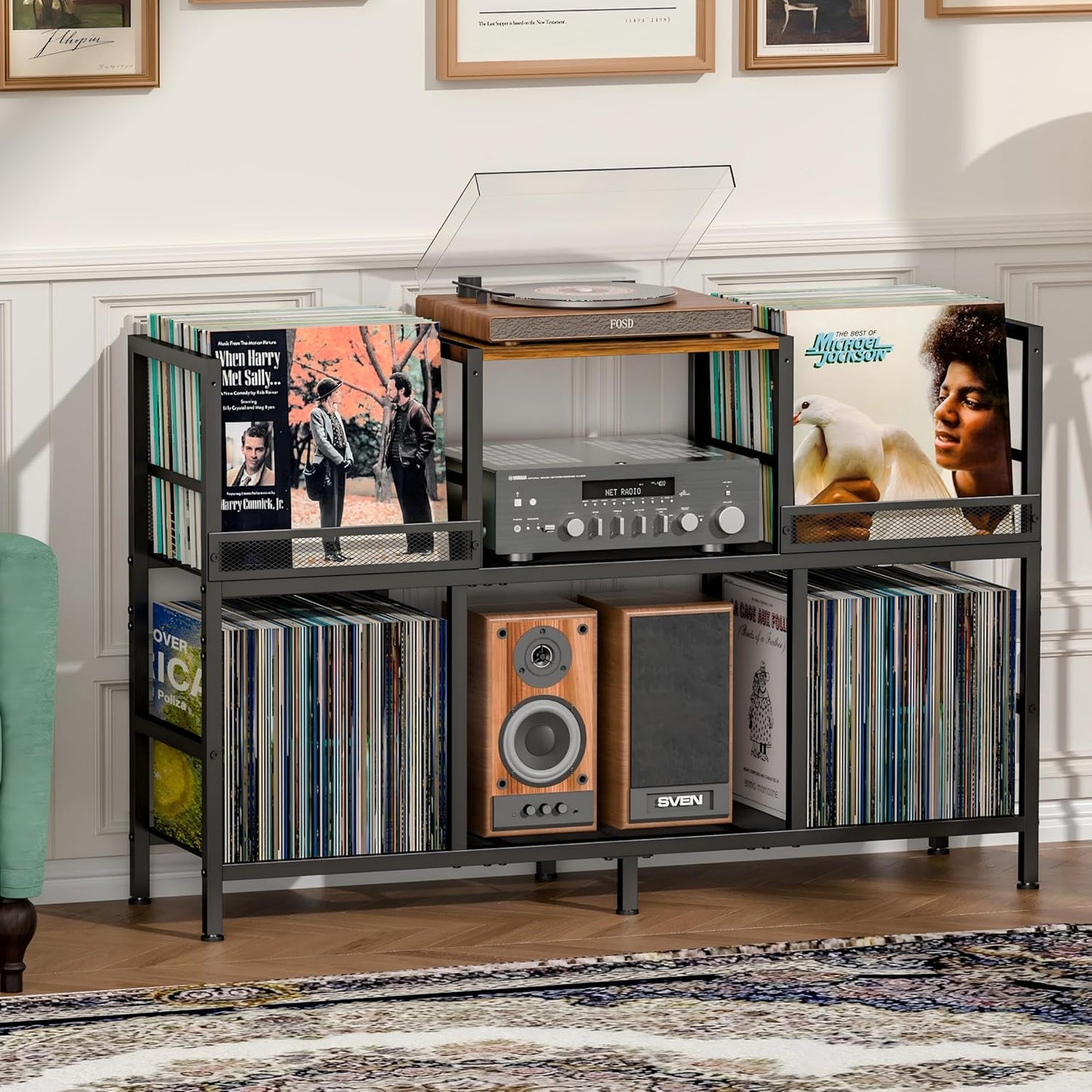 Record Player Stand, Turntable Stand with 3-Compartment Vinyl Storage Cabinet, Holds 300+ Albums, Sturdy Record Player Table for Living Room & Music Room