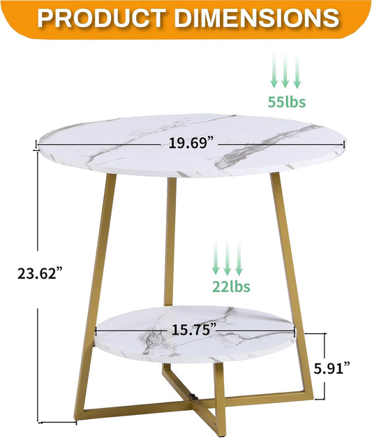 20" Living Room Side Table for Small Spaces, 2 Tier Wood Top round End Tables with Storage Shelf, Accent Sofa Table for Bedroom, Office, Sunroom, Balcony, White Faux Marble/Gold