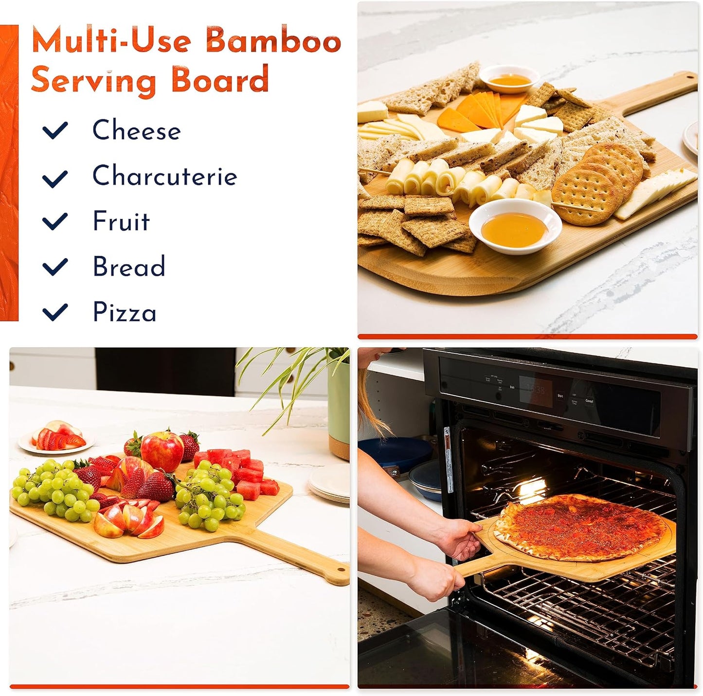 Wooden Pizza Peel 16 Inch Board with Engraved Sizes - Multi-Purpose Bamboo Pizza Cutting Board, Wood Pizza Peel, Pizza Spatula Paddle, and Serving Board with Size and Cutting Guide