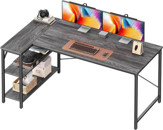 L Shaped Desk, 55 Inches Computer Desk with Reversible Storage Shelves, for Gaming Corner Home Office Writing Study, Metal Frame, Gray