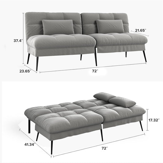 Convertible Futon Sofa Bed, 72″Fabric Futons Couch with Adjustable Backrest, Folding Sleeper Recliner for Living Room Furniture (Grey)
