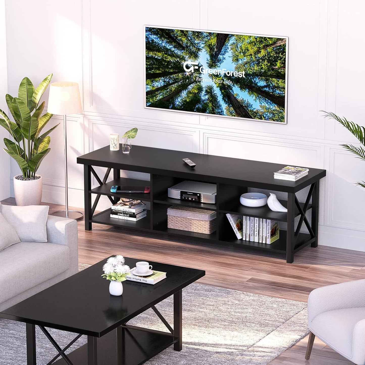TV Stand for TV up to 65 Inches, Entertainment Center with 6 Storage Cabinet for Living Room, 55 Inch Farmhouse Television Stands Console Table, Industrial TV Stands for Living Room, Black