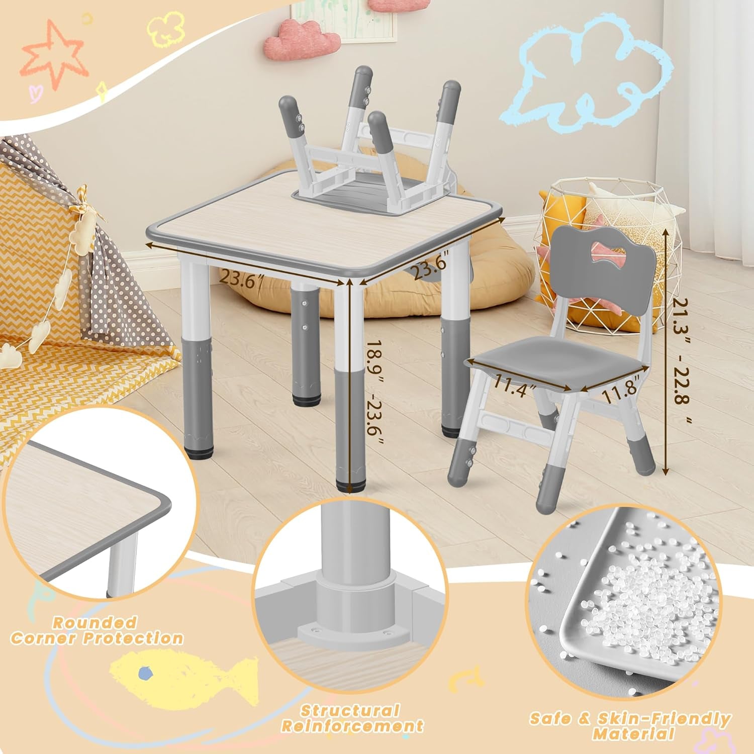 Kids Table and Chairs Set - 23.6" L X 23.6" W Height Adjustable Toddler Desk, Non-Slip Kids Chair with Graffiti Desktop for Ages 2-8, for Home Preschool Classroom Daycare, Grey