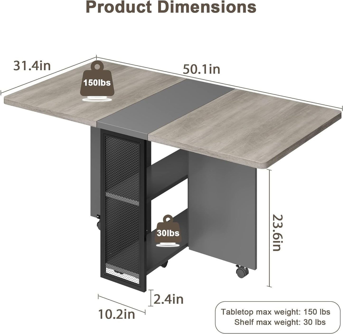 Folding Dining Table, Space Saving Farmhouse Dining Table for 4 Storage Shelf, 6 Wheels Multipose Expandable Kitchen Drop Leaf Table for Small Space (Carlo Grey, 50.1"D X 31.4"W X 29.5"H)