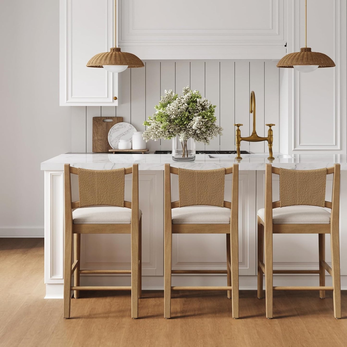 Elodia Boho Counter Height Bar Stool with Back, Woven Seagrass Backrest and Solid Wood Frame, Light Brown