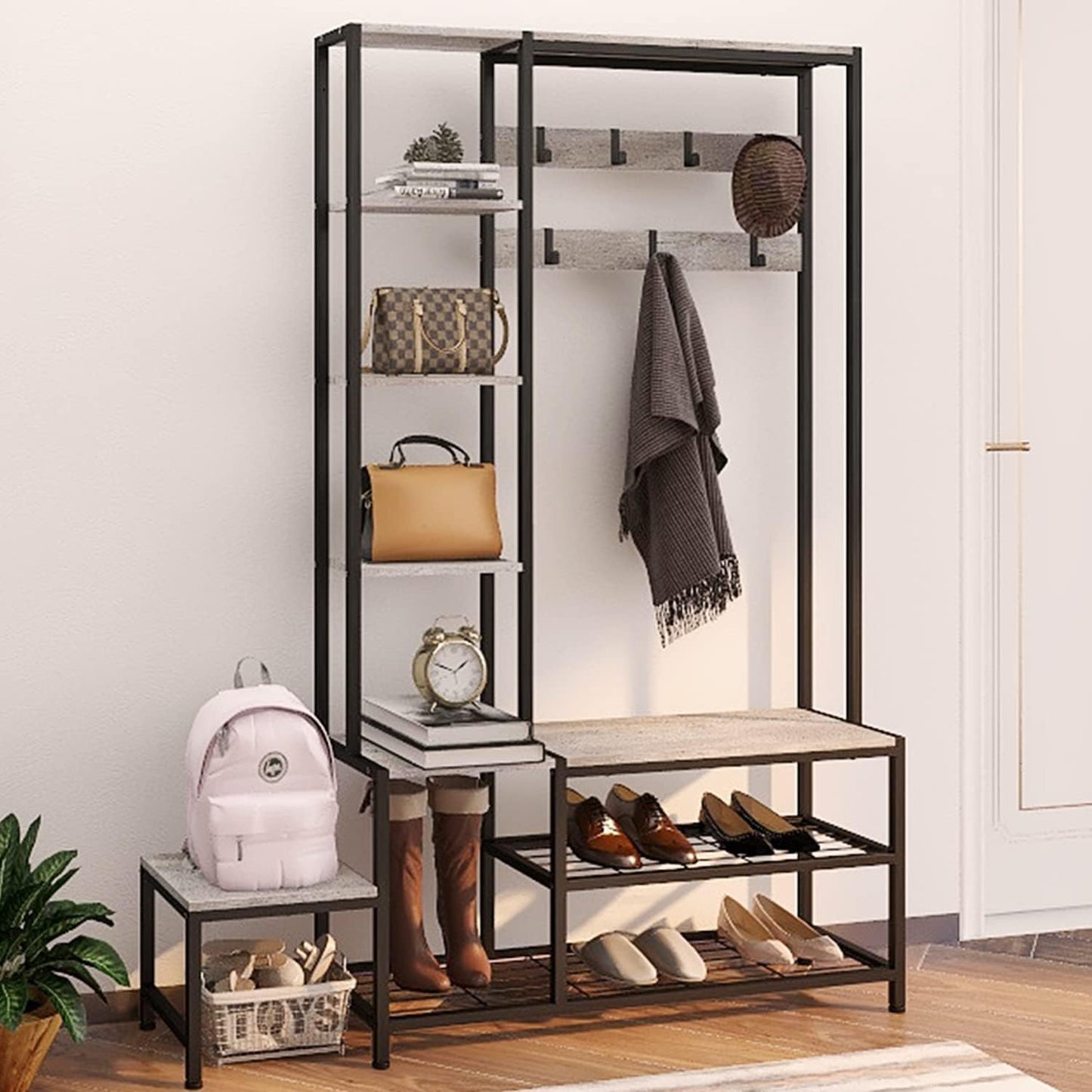 Hall Tree with Shoe Storage Bench Coat Rack with 7 Hooks Interchangeable 4 Tier Side Storage Shelves Small Cute Side Bench Industrial 5-In-1 Entryway Coat Rack for Hallway Mudroom Bedroom
