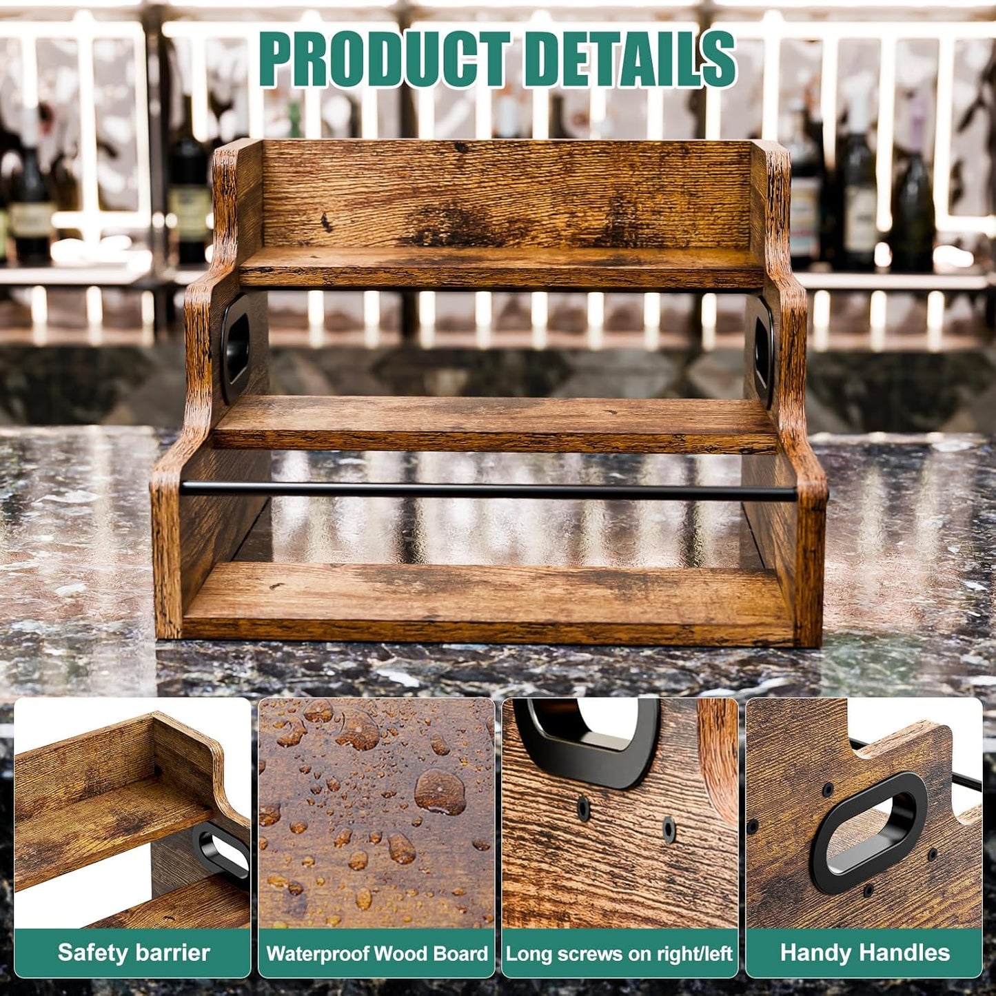 Liquor Bottle Display Shelf, Coffee Syrup Rack Organizer, 3 Step Countertop Wine Rack, Mini Bar, Retro Bar Shelf Stand for Whiskey, Spirits