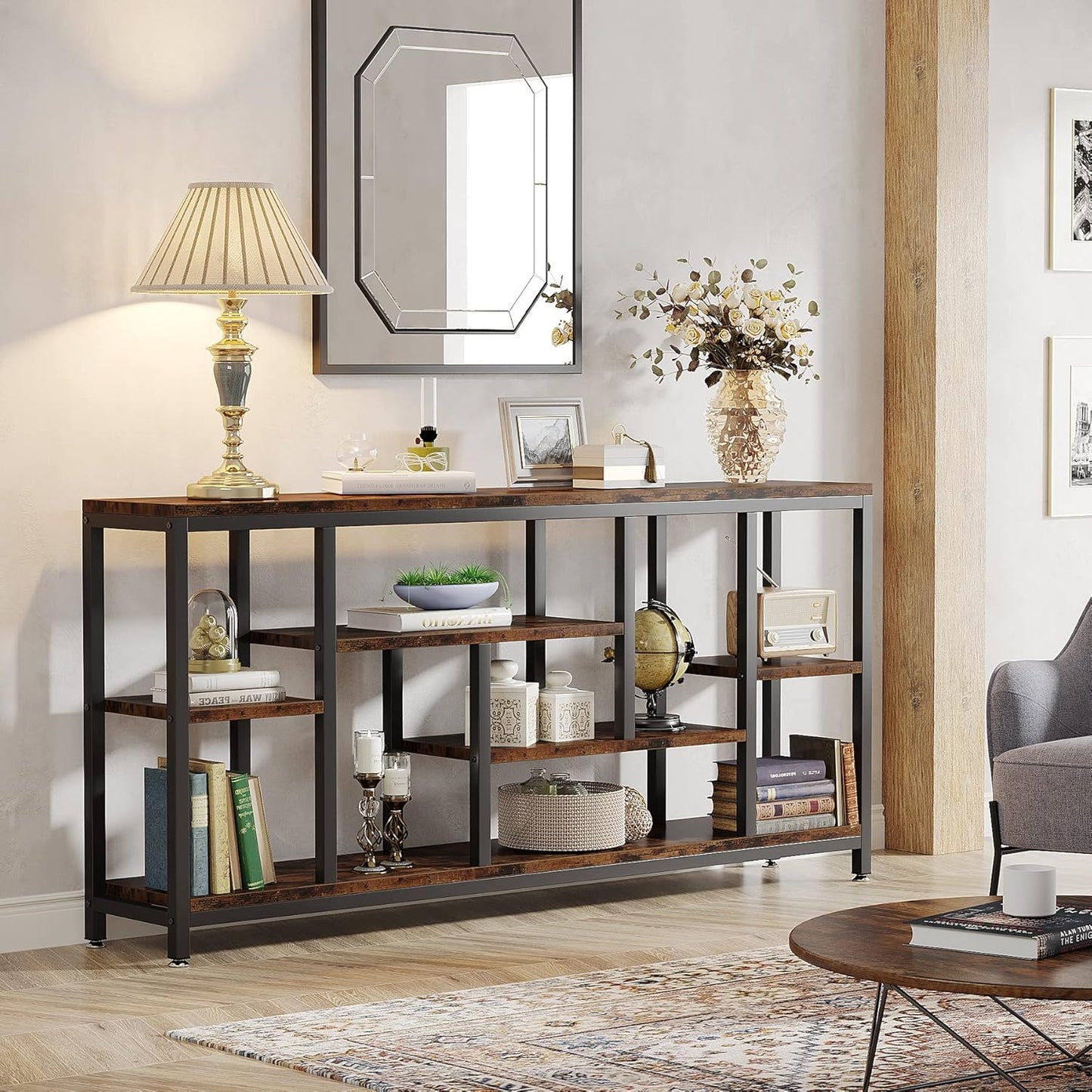 Console Sofa Table, 70.9 Inch Extra Long Table behind Couch with Storage Shelves, 3-Tier Industrial Narrow Entryway Hallway Accent Table for Living Room, Rustic Brown