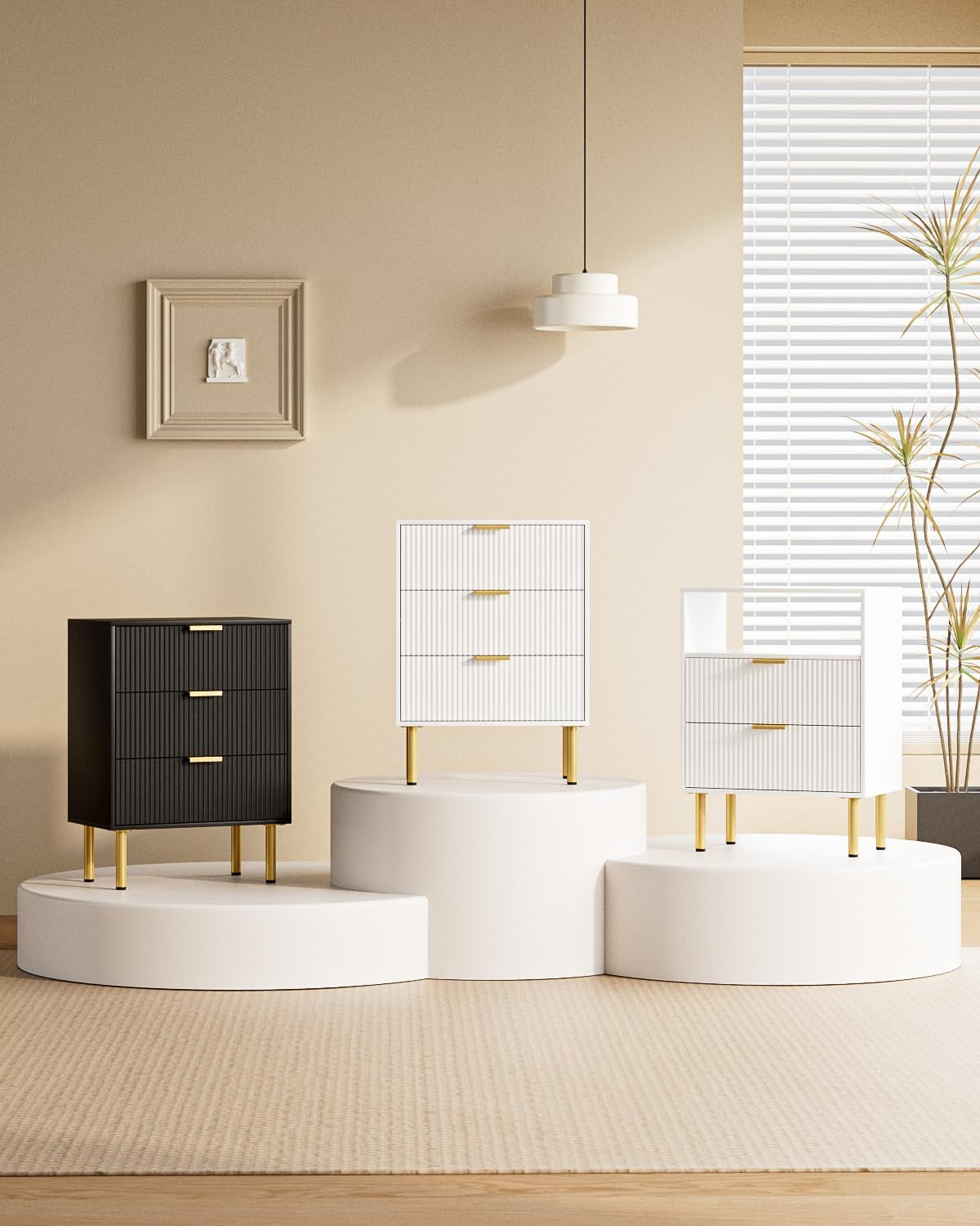 Night Stand,Tall Bedside Table with 3Storage Drawers,White Nightstand,Bedside Furniture,Side Table with Gold Frame,End Table for Bedroom,Living Room (Modern-2Drawers 1Shelf, White)