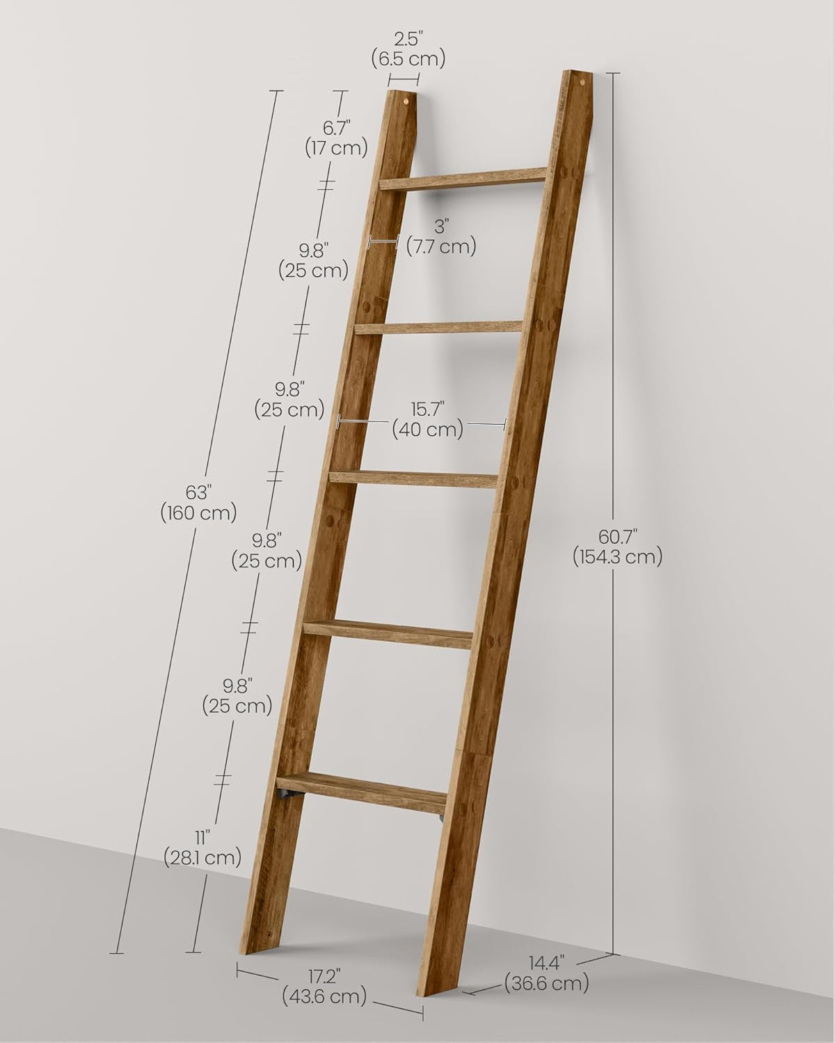 Blanket Ladder Decorative Farmhouse for the Living Room, 5-Tier Ladder Shelf, Ladder Rack for Storage and Decor, Honey Brown ULLS018K41