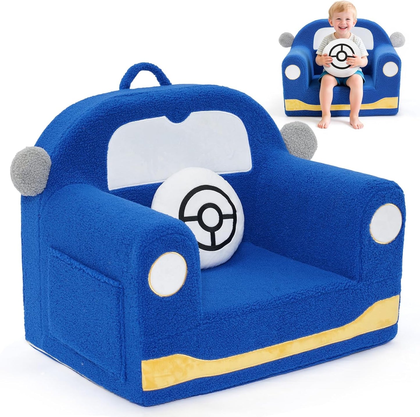 Toddler Chair for Ages 1–6, Soft Sherpa Kids Sofa with Book Pocket & Carry Handle, Comfy Single-Seat Couch for Playroom or Bedroom, Birthday Gift for Boys (Car)