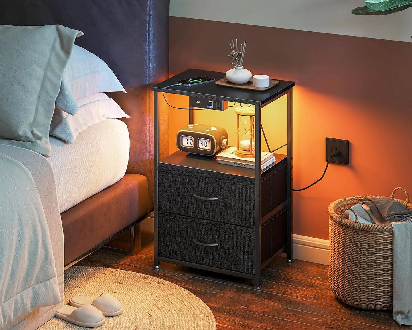 Night Stand with Charging Station and LED Lights, End Table for Bedroom with 2 Fabric Drawers, Small Nightstand with Storage Shelf, Bed Side Bedside Table, Black