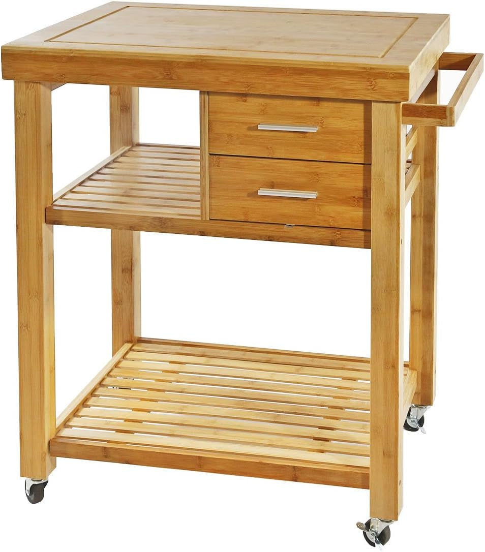 Bamboo rolling kitchen island cart with butcher block top and drawers, view 9