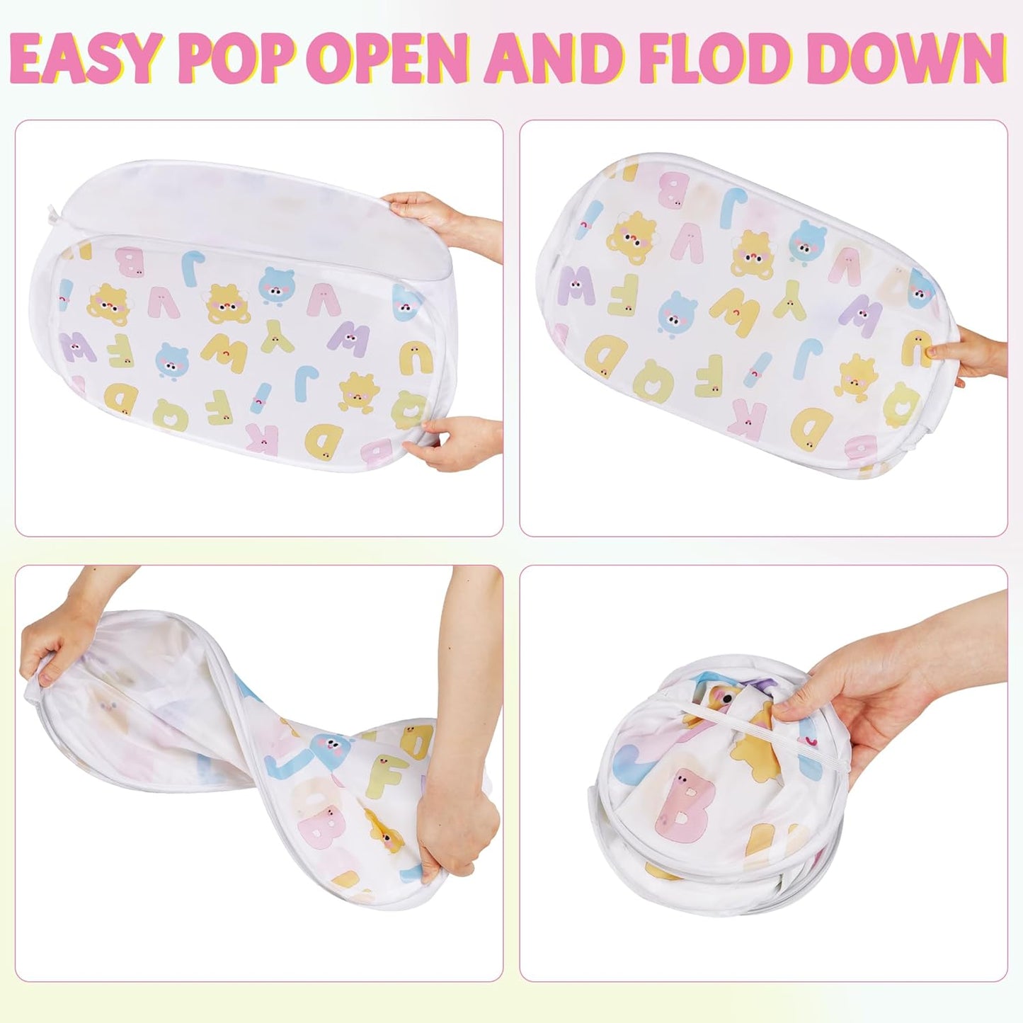 Collapsible Pop up Hamper for Baby Clothes or Toys Storage, Mesh Hamper with Handles & Side Pocket, Multi-Use Laundry Hamper & Toy Basket, Portable for Home, Travel, Dorm(White-Vertical)