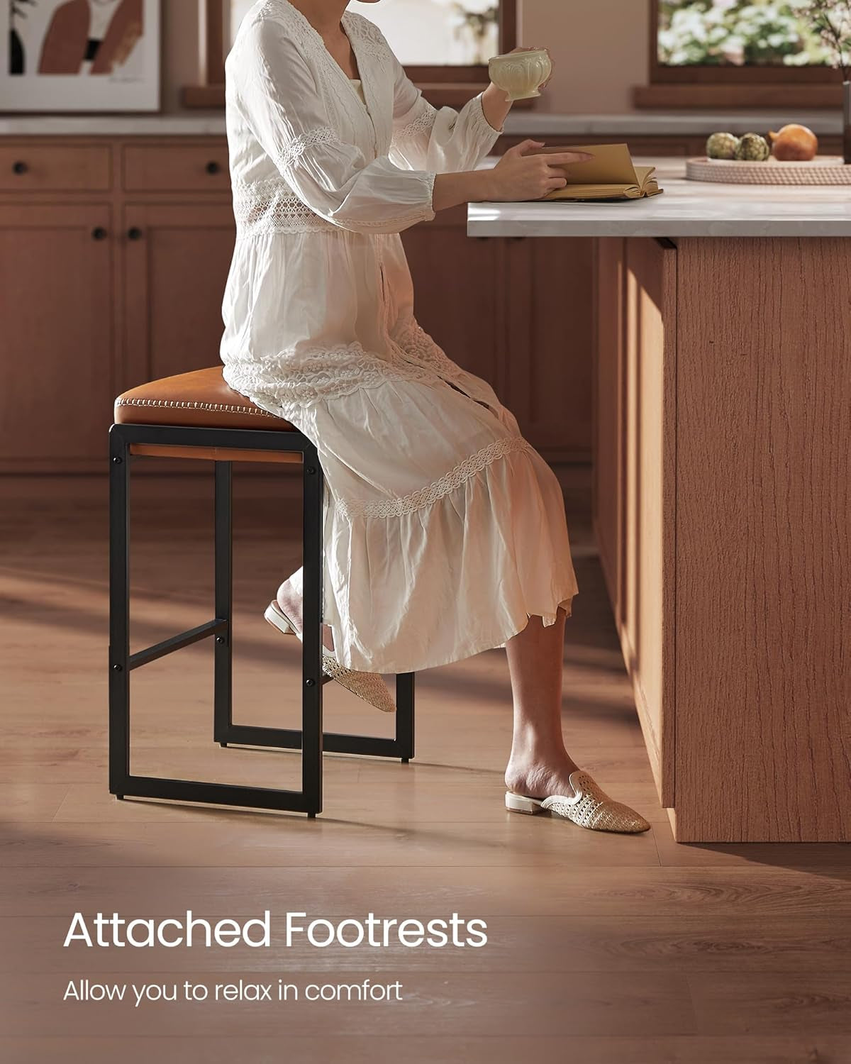 EKHO Collection - Bar Stools Set of 4, Counter Height Bar Stools, Synthetic Leather with Stitching, Mid-Century Modern Counter Stools, 26-Inch Tall, Kichen Home Bar Dining Room, Caramel Brown