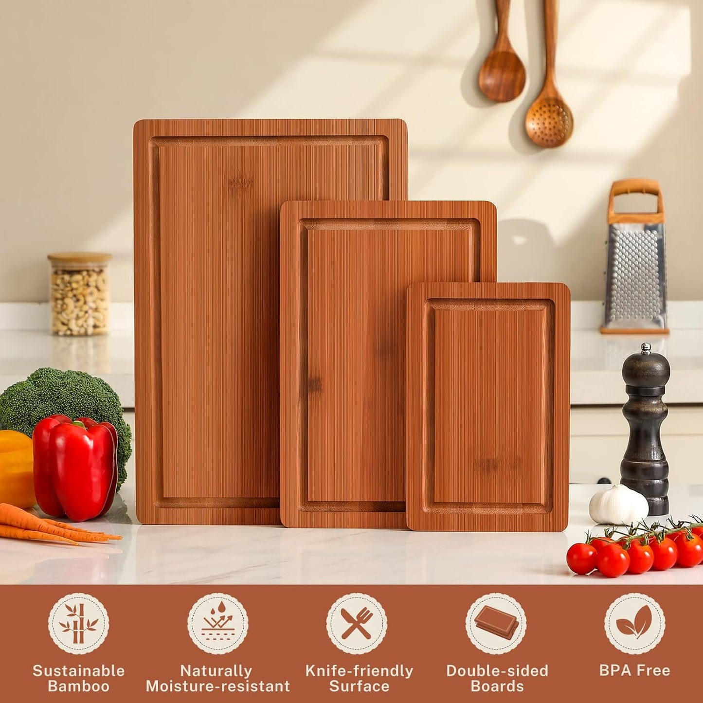 Bamboo Cutting Board Set of 3, Wood Cutting Boards for Kitchen with Juice Grooves, Durable Chopping Board for Meat, Vegetables & Meal Prep