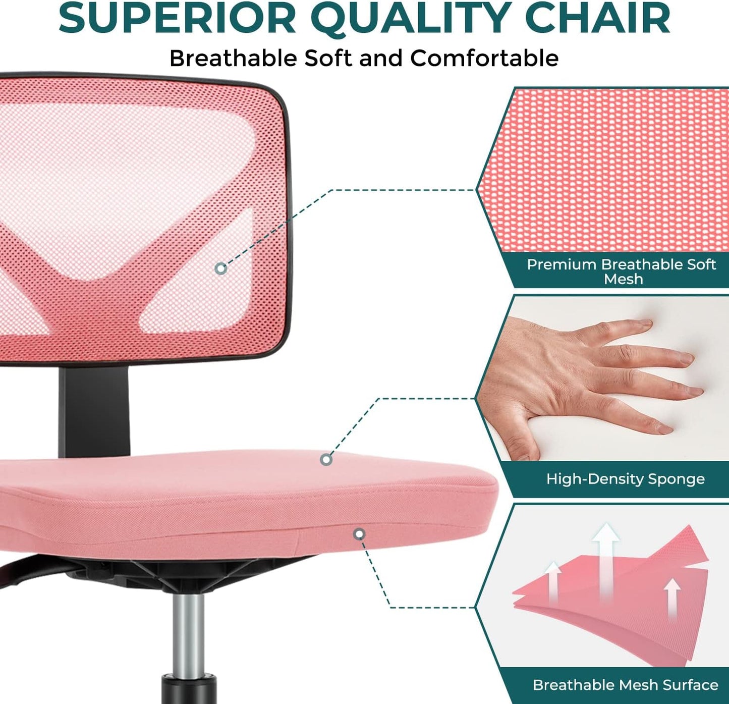 Armless Desk Chairs with Wheels, Ergonomic Adjustable Home Office Swivel Rolling Task Chair No Arms, Comfy Mesh Mid Back Computer Work Vanity Desk Seat for Small Spaces, Light Pink
