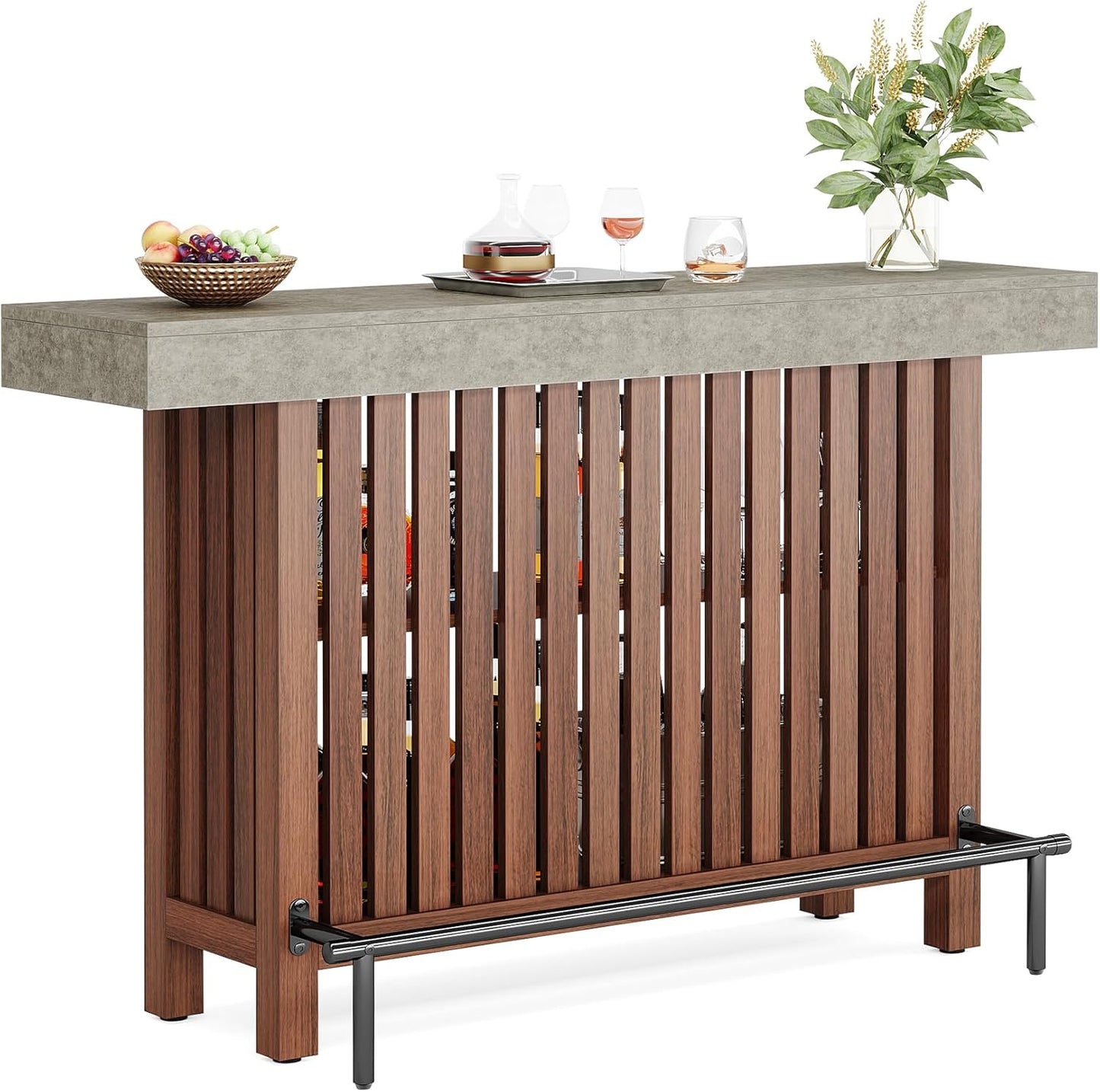 63-Inch Large Home Bar Unit, 2-Tier Kitchen Island Mini Bar Height Pub Table with Footrest, Modern Coffee Bar Cabinet for Dining Room, Bistro, Living Room