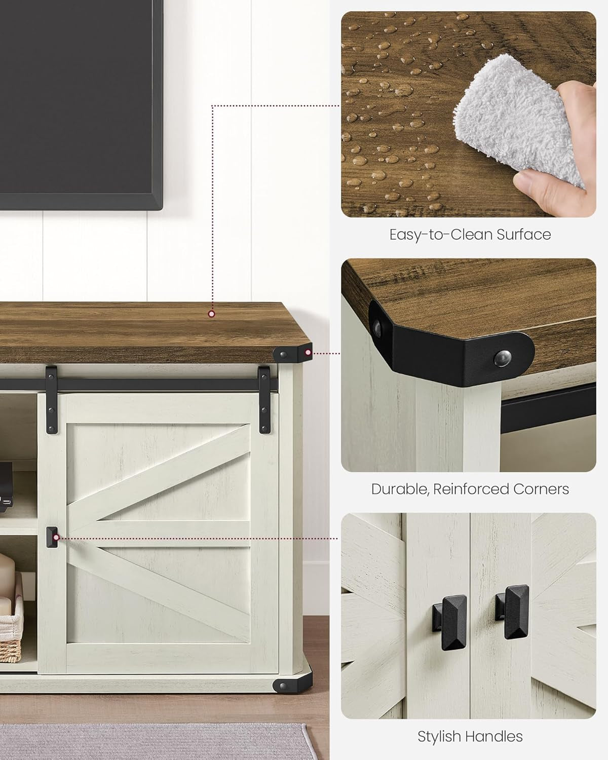 TV Stand for Tvs up to 75 Inches, Farmhouse Entertainment Center with Sliding Barn Doors, TV Console Table for Living Room, Rustic White and Honey Brown ULTV325W73