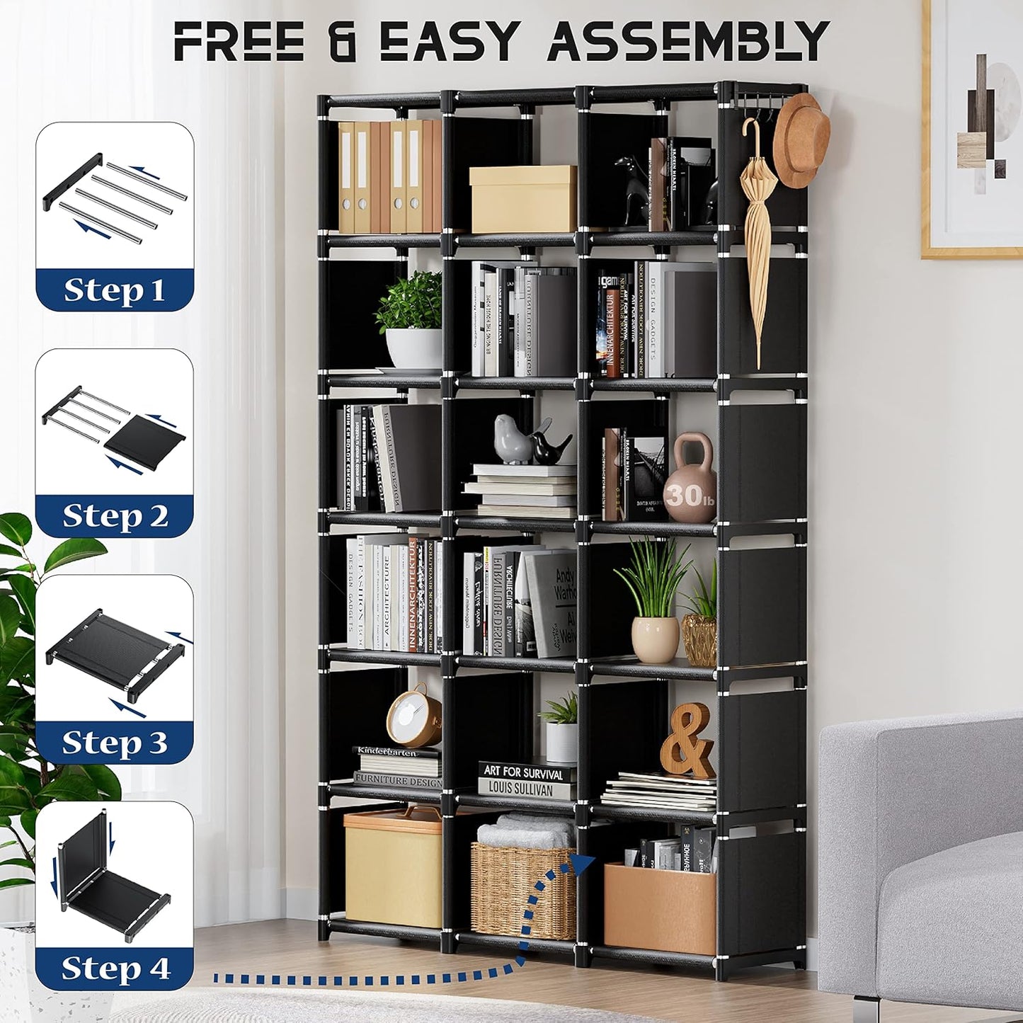 Bookcase, 18-Cube Extra Large Book Shelf, DIY Cube Storage Organizer for Bedroom, Living Room, Home Office - Black