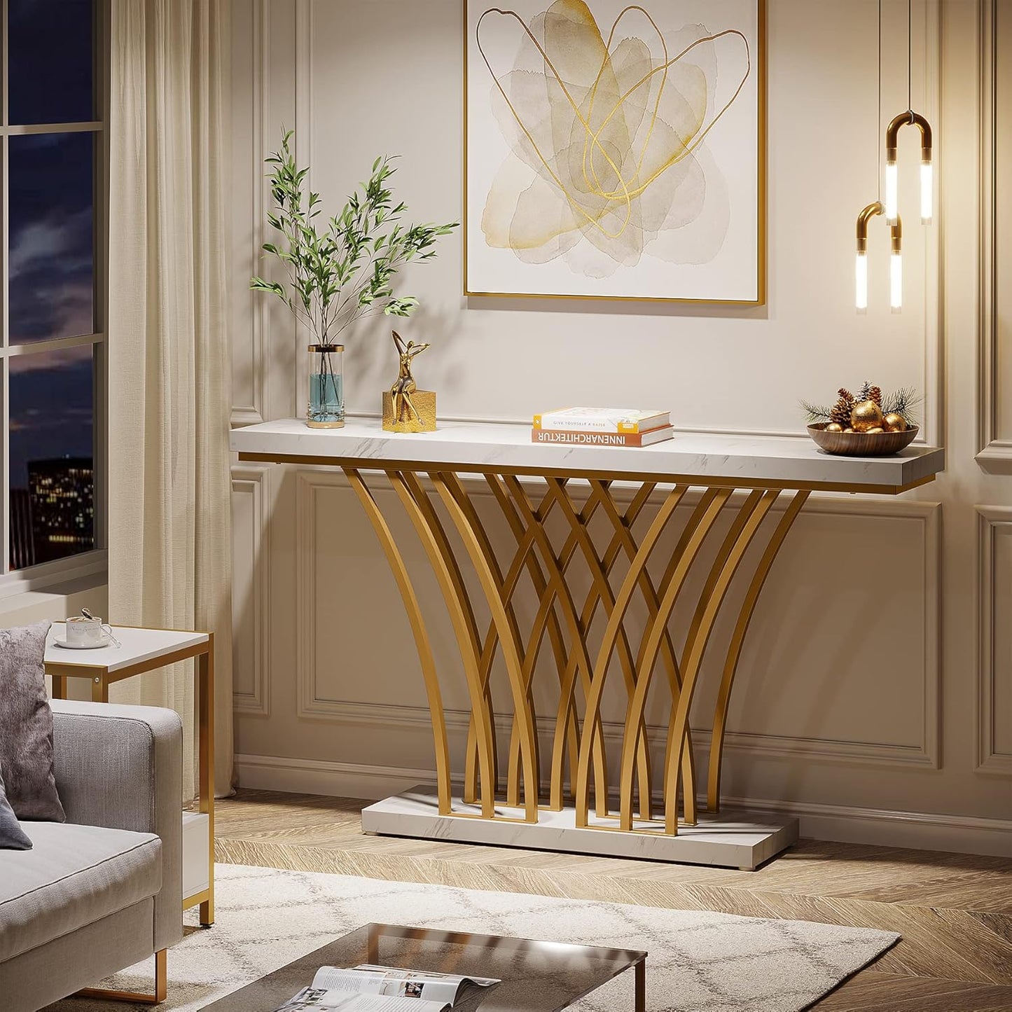 59 Inch Gold Console Table, Modern Entryway Table with Grid-Shaped Metal Base for Entrance, Hallway, Entryway, Living Room(White Faux Marble & Gold)