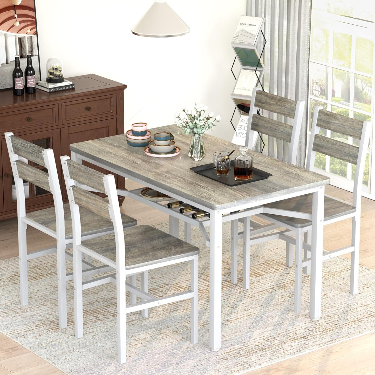 Dining Table Set for 4, Wood Kitchen Table Chairs Set with Storage, Farmhouse 5 Piece Dining Room Table Set, Space-Saving Dinette Set for Breakfast Nook, Apartment