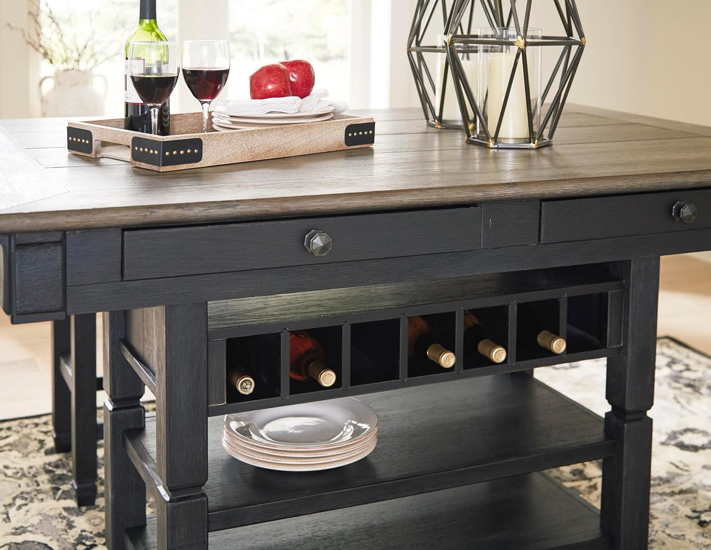 Tyler Creek Farmhouse 36"Counter Height Dining Table with Wine Rack, Amost Black